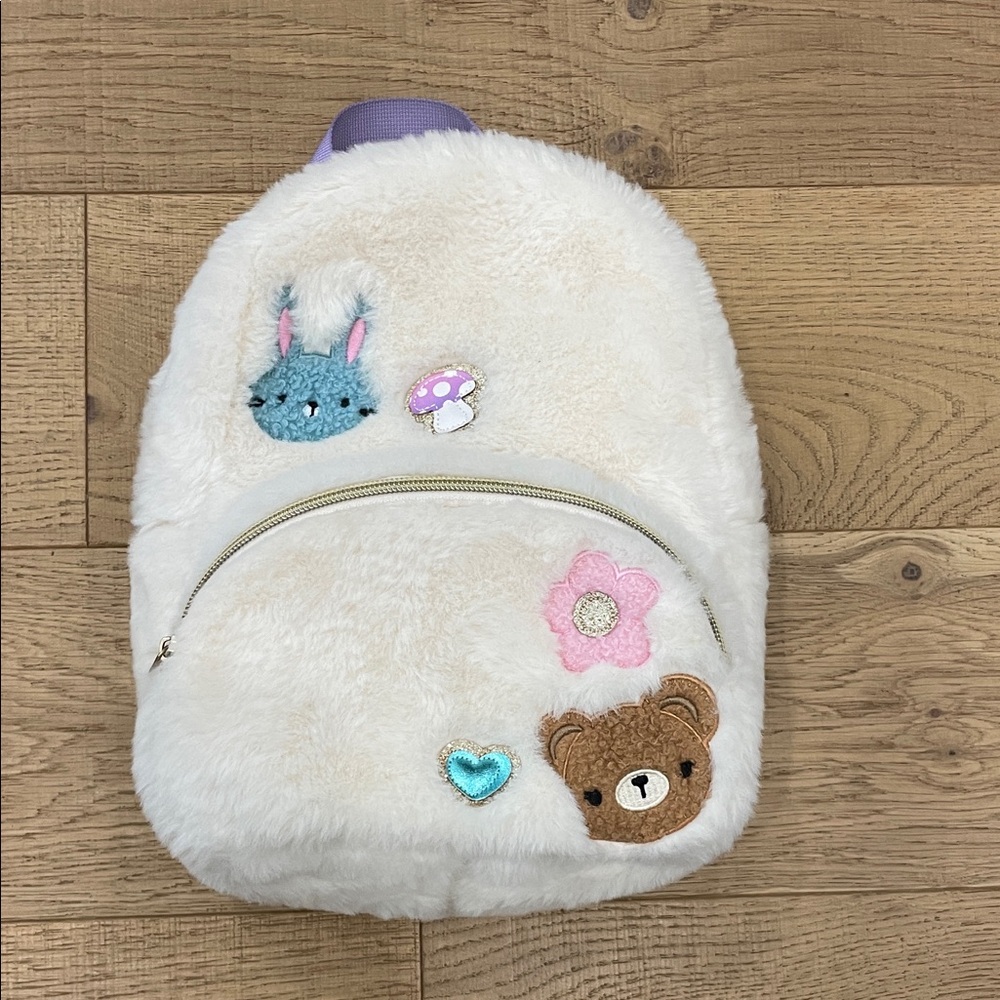 Fluffy Cream Kids Backpack with Cute Patches from Claire’s